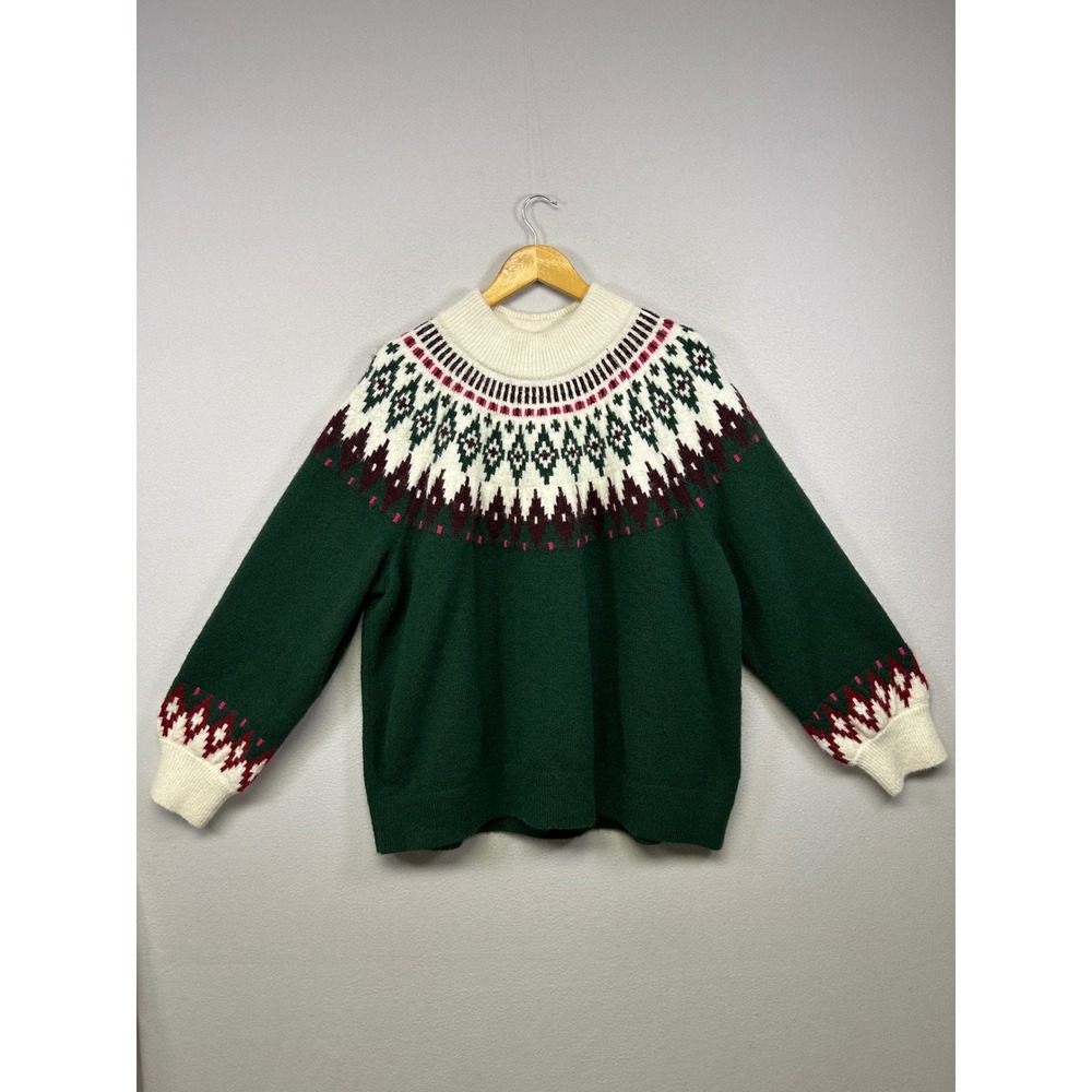 Fair Isle Cabin Lands End Womens 3X Green Mock Neck Button Cuff Sweater 9587 - Picture 1 of 9